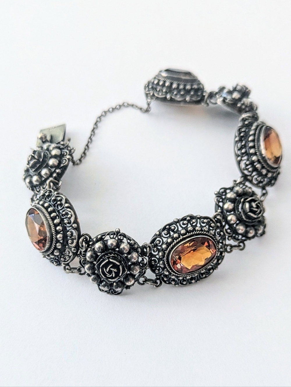 Antique PERUZZI Florence 800 Silver Ornate Rosette Faceted Citrine Link Bracelet